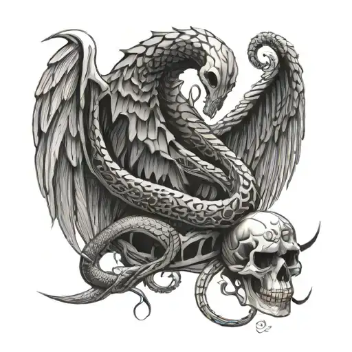 Skeleton snake body and wings off from the side tattoo design idea