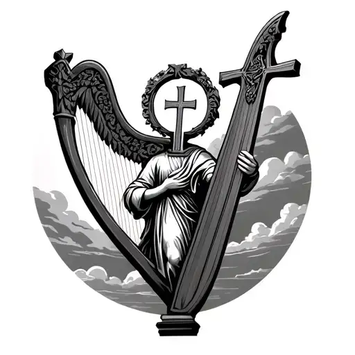 irish harp with saint Michael holding a double cross. background clouds tattoo design idea