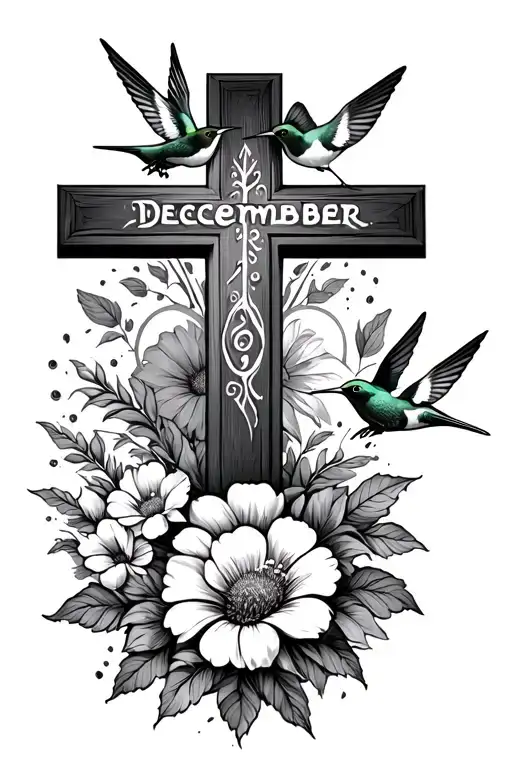 cross with december november august flowers frowing around it with humming birds and sun tattoo design idea