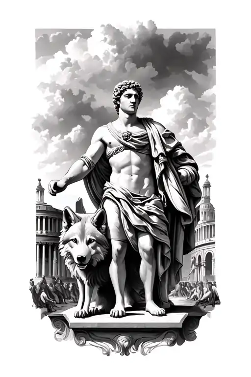 Emperor Augustus with the background monuments of Rome (eg Colosseum) and under a wolf tattoo design idea