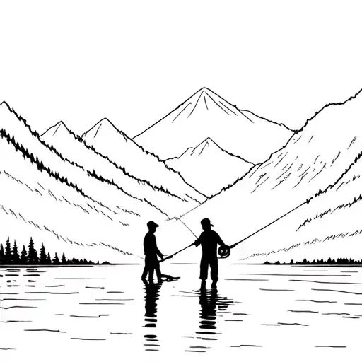 Shiloute shadow dad and son standing fishing in a river facing the mountains black and white simple tattoo design idea
