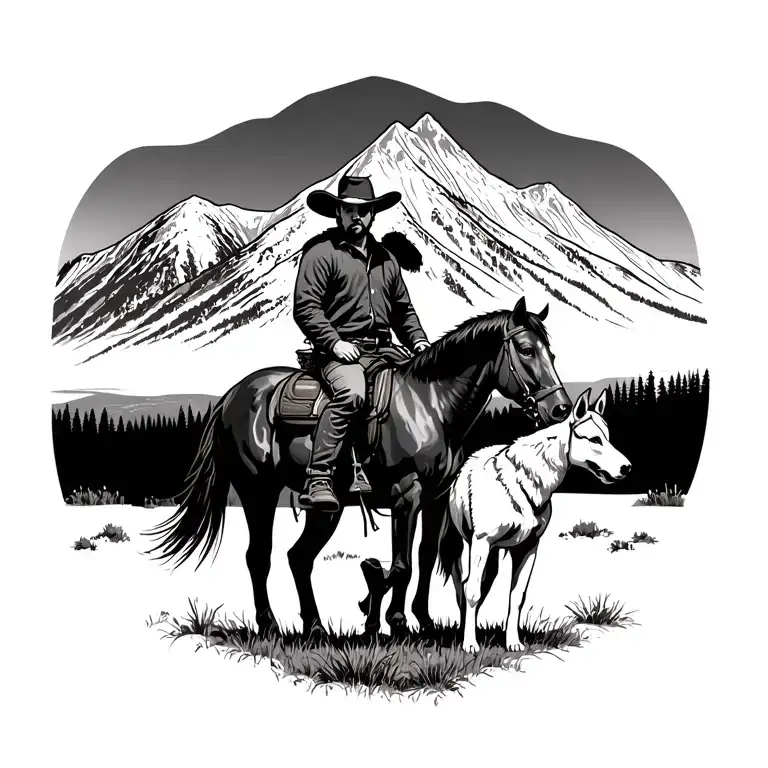 cowboy on his brown horse next to his white horse with his german shepard and white husky next to him mountain tattoo design idea