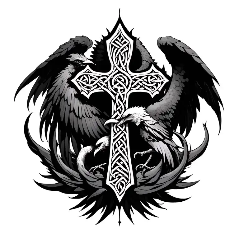 celtic cross + pheonix + death in celtic + devil + angel  tattoo design idea