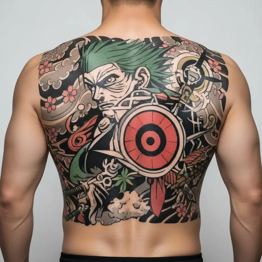 sharingan eye and zoro one piece tattoo design idea