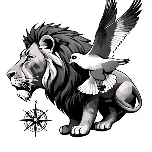 lion with cub, dove flying, eye, compass tattoo design idea