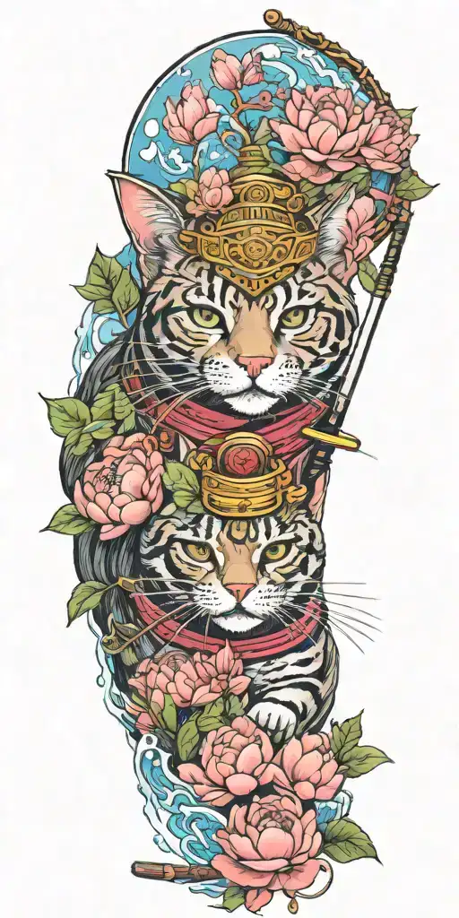 samurai cat, katana, helmet, water, lotus, sakura, peony, clouds, whirlpool, leaves, branches tattoo design idea