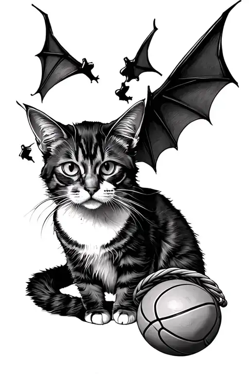 i want a realistic fine line style tattoo in black and white of a cat with bat wings and a basket ball in the right side tattoo design idea