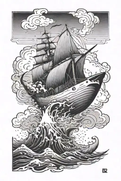 a ship is moving in a storm. below a shark is jumping on a ship with its mouth open. in the background there are mountains in the fog, clouds above tattoo design idea