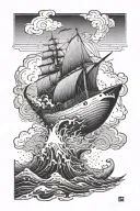 a ship is moving in a storm. below a shark is jumping on a ship with its mouth open. in the background there are mountains in the fog, clouds above tattoo design idea