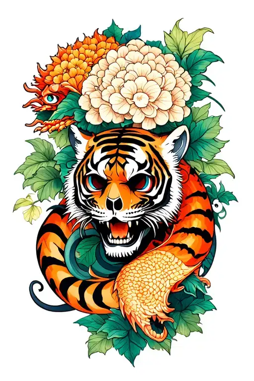 Hydrangea, tiger, dragon and skull tattoo design idea