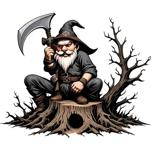 Evil Redcap Gnome Sitting on Rotting Tree Stump holding a hand Scythe as a weapon Back of hand tattoo fade for knuckles tattoo design idea