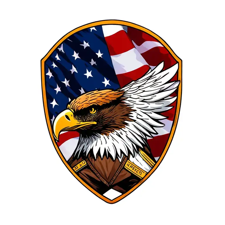Boy Scouts of America Eagle rank badge in front of American flag tattoo design idea