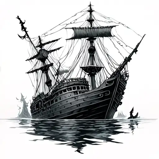 eerie underwater shipwreck tattoo design idea