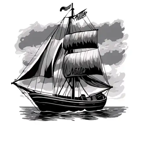 small sail boat with hand written miller in the mast tattoo design idea