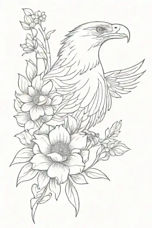 wild flowers bed with a golden eagle with a snake in its mouth tattoo design idea