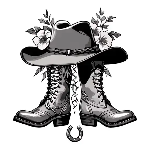 spine tattoo with cowboy hat and boots with barbed wire down the middle, with a horse shoe and some flowers tattoo design idea