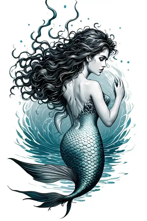 ethereal mermaid swimming realism tattoo design idea