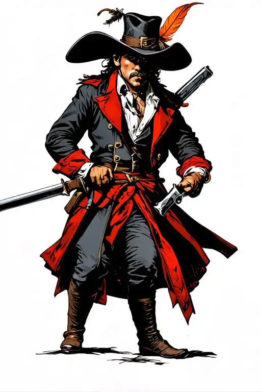 buccaneer, with black and red  trench coat, with hat with orange feather, fighting with sword in hand, with pistol  tattoo design idea