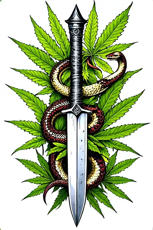 A dagger with a snake writhing in the background of marijuana leaves tattoo design idea