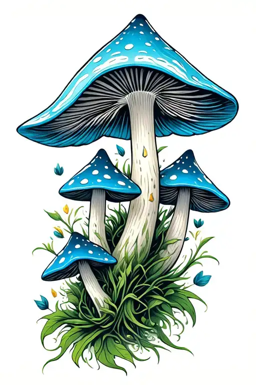 tall pointy white blue capped psilocybin mushrooms with ayahuasca vines tattoo design idea