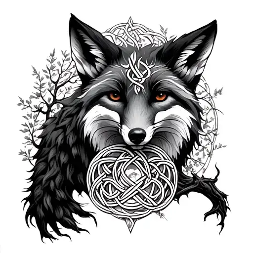 alder tree growing and a fox Celtic knot intertwined tattoo design idea