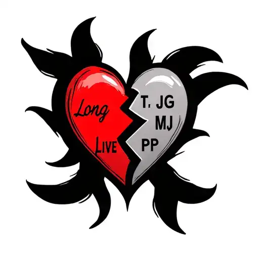 broken heart with long live written on left side of heart and JT JG MJ PP written on right  tattoo design idea