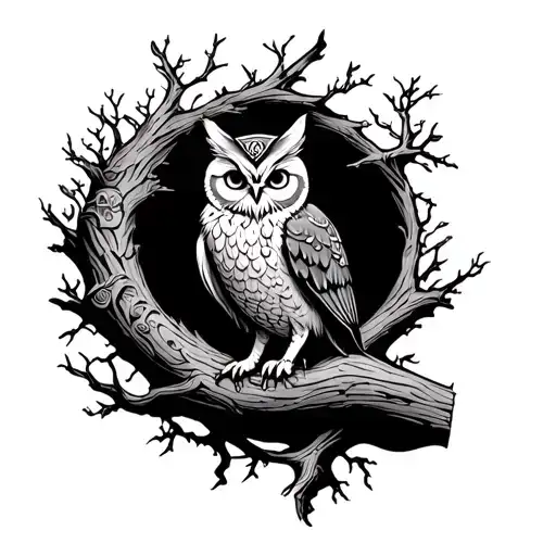 manly, viking tattoo, cat owl in a tree tattoo design idea