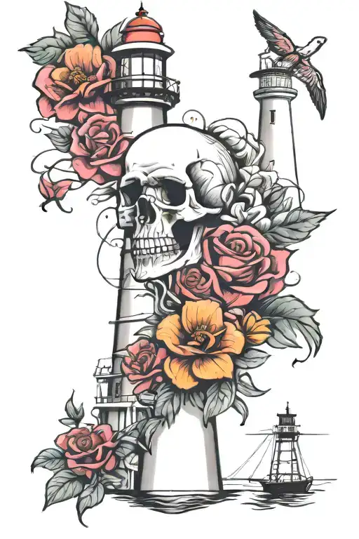 flowers, skull, lighthouse, sleeve tattoo design idea