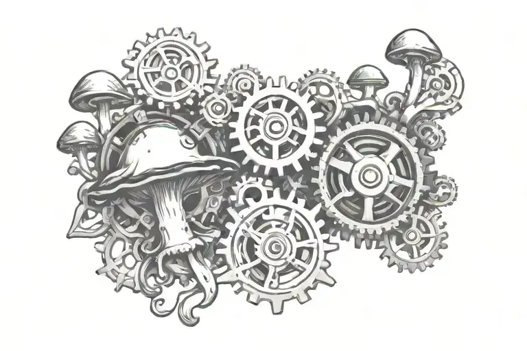mini mushrooms growing from  steampunk cogs tattoo design idea