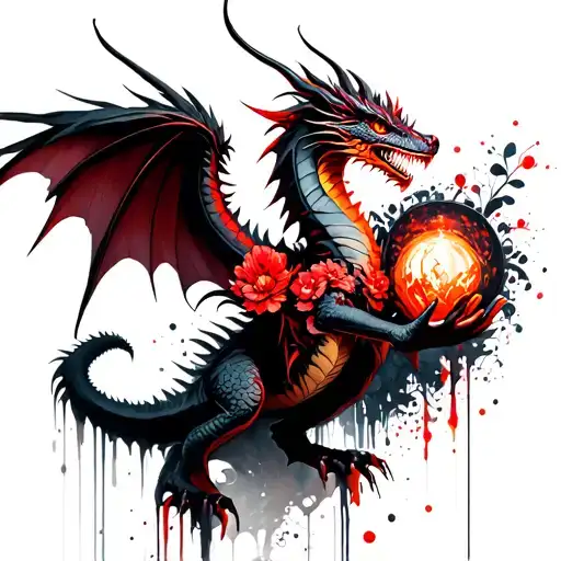 feather winged dragon with antennae, covered in flowers, and holding a glowing orb tattoo design idea