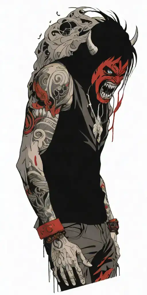 Anime character standing screaming wearing oni mask fighting off inner demons drowning tattoo design idea