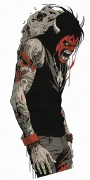 Anime character standing screaming wearing oni mask fighting off inner demons drowning tattoo design idea