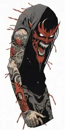 Anime character standing screaming wearing oni mask fighting off inner demons drowning tattoo design idea