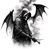 hooded reaper silohuette, smoke, fire, scary, bat wings, Viking runes, kenaz rune tattoo design idea