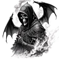 hooded reaper silohuette, smoke, fire, scary, bat wings, Viking runes, kenaz rune tattoo design idea