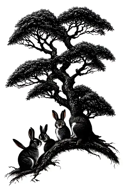 willow tree with rabbits playing together sullen tattoo design idea