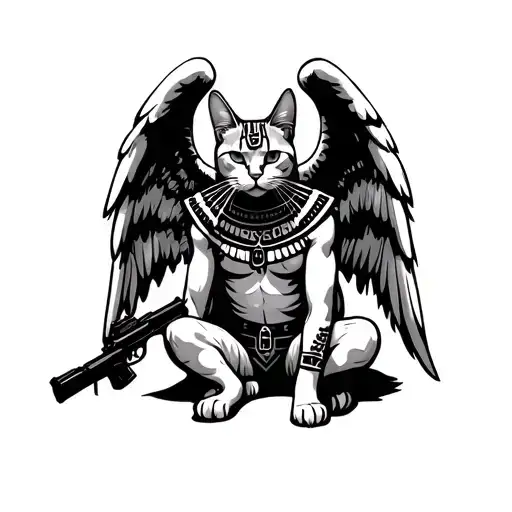 egypian cat sitting mi ange mi demon half angel whith a gun on his leg tattoo design idea