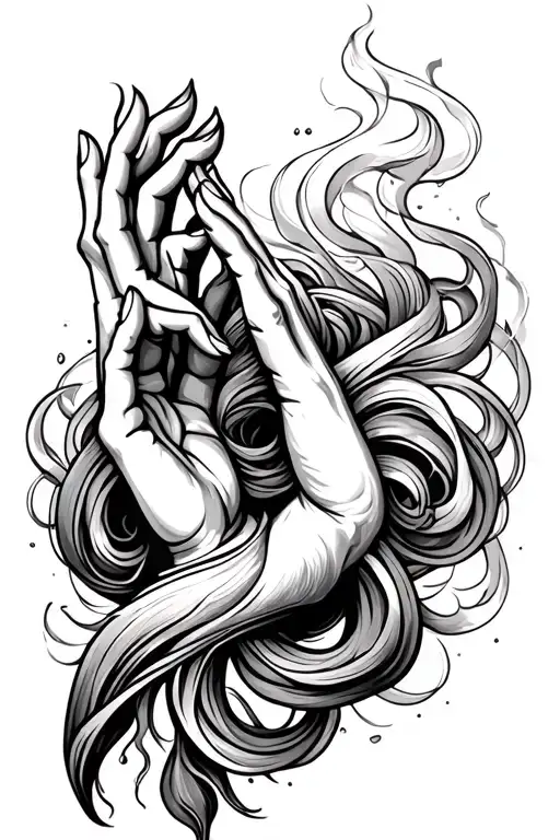 wisps and lines of smoke around arm coming down forming kundalini double helix and become the abhya mudra  tattoo design idea