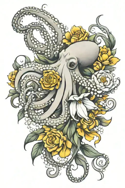 octopus, snowdrop, rose,  marigold flower tattoo design idea