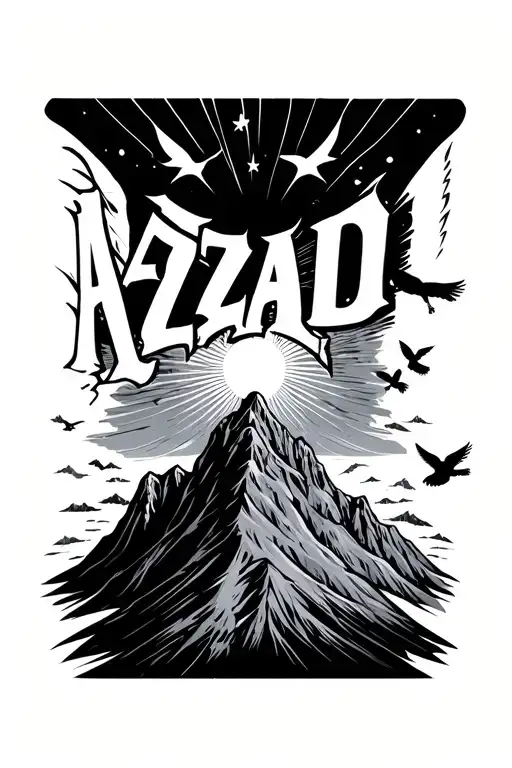 "AZADI". text going down. mountain, sun rising, black birds flying tattoo design idea