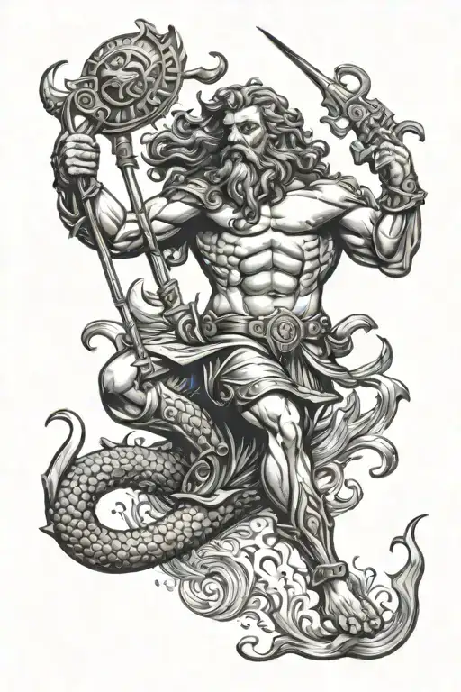 poseidon looking down at a scuba diver exploring the depths tattoo design idea