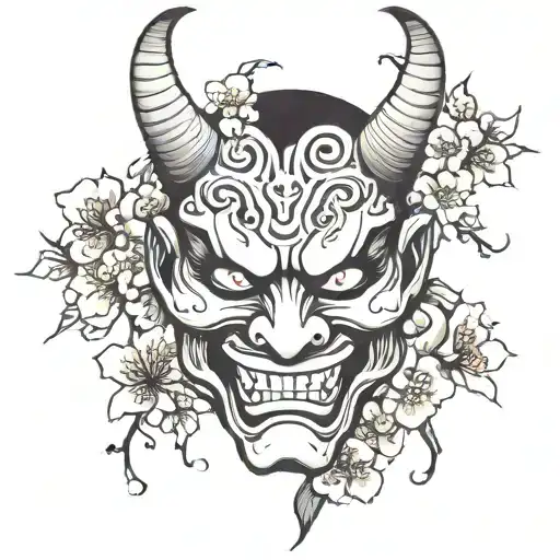 oni mask with half face of cherry blossom flowers tattoo design idea