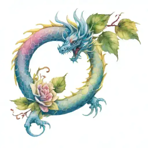 yellow red tip rose cherry blossom dragon  tattoo design idea