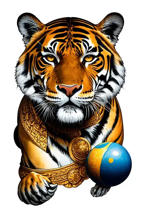 tiger with strong soldier with bowling ball with a beautiful Greek goddess tattoo design idea