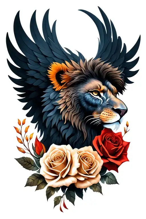 lion head phoenix tattoo with roses tattoo design idea