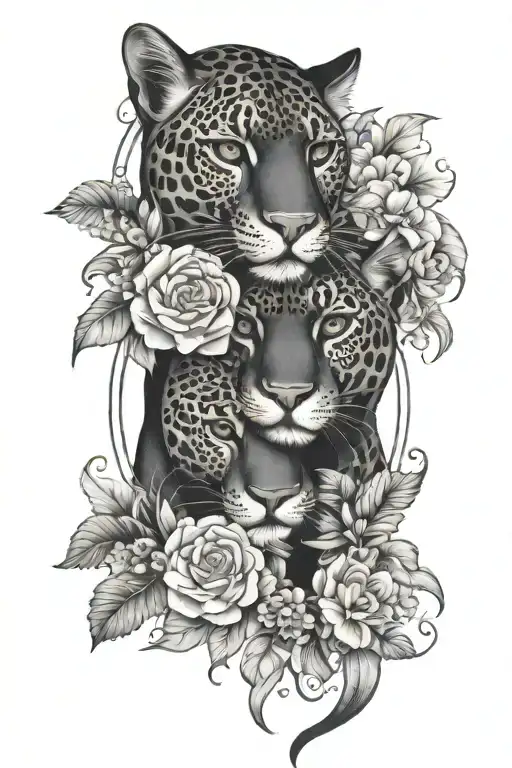 gemini female twins floral oriental style panther mixed tattoo design idea