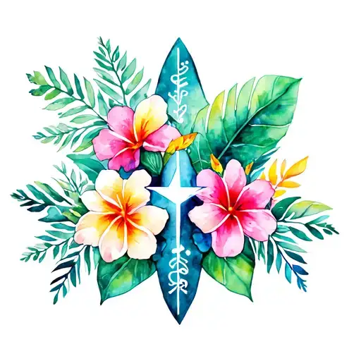 bright tropical flowers and leaves with EMS star of life in center tattoo design idea