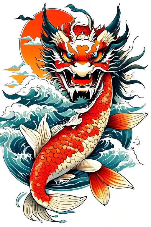 koi fish swimming up stream towards a hannya mask with a ryu dragon above with waves and clouds tattoo design idea