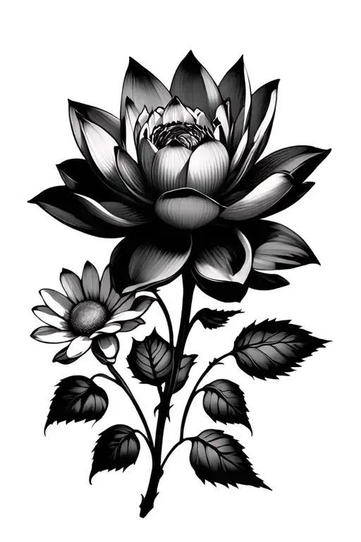 lotus flower small, daisy flower small with stem, and rose medium with vines tattoo design idea