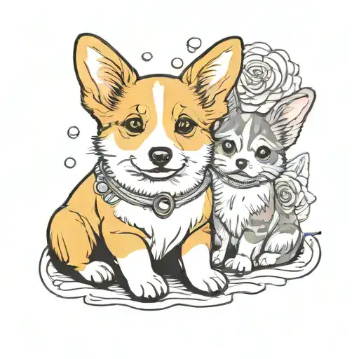 a yellow and white Corgi dog and a girl infant  tattoo design idea